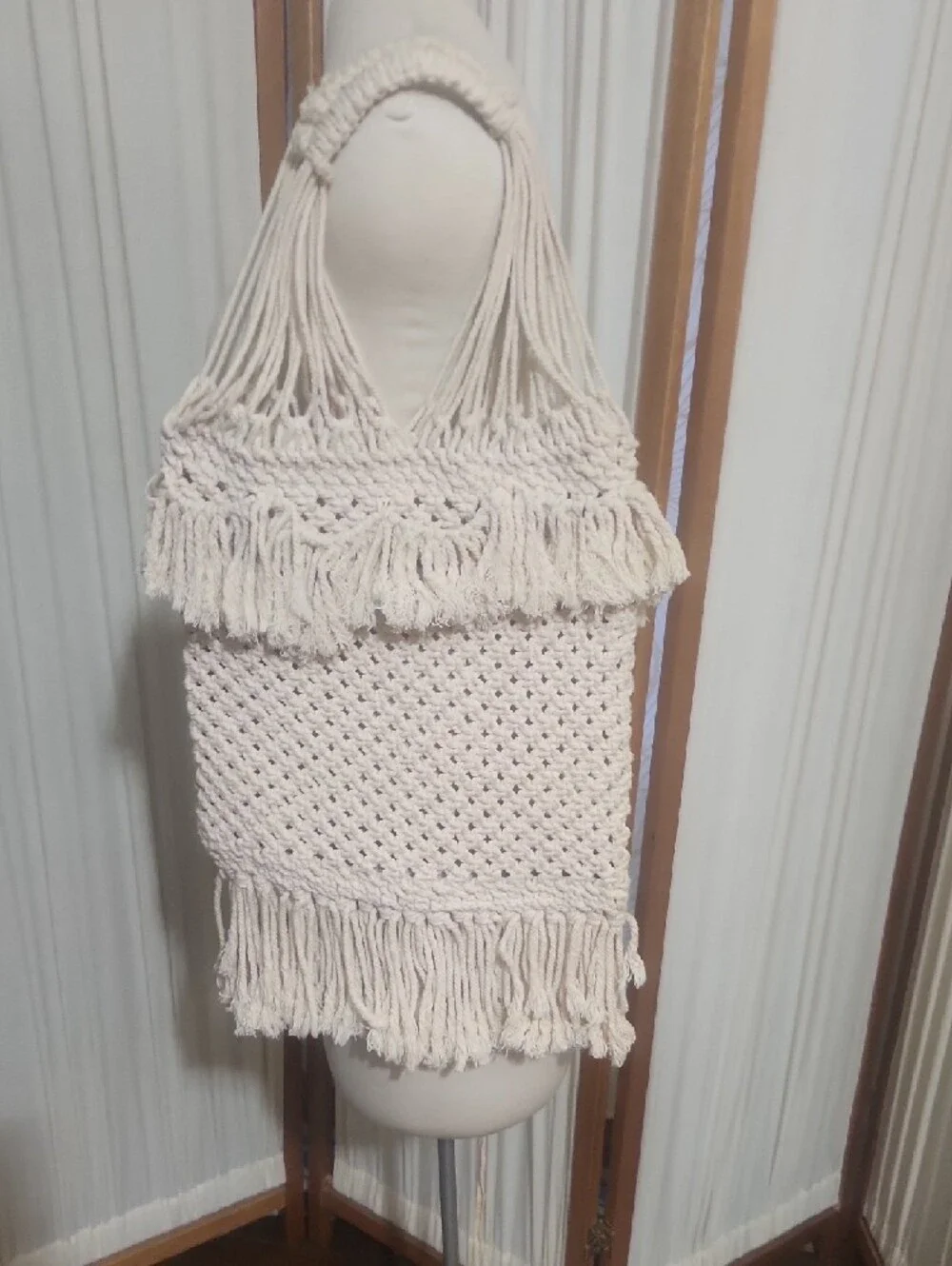 Macramé Fringe  Open Weave Tote Purse Bag Lagenlook Coastal Grandma Festival